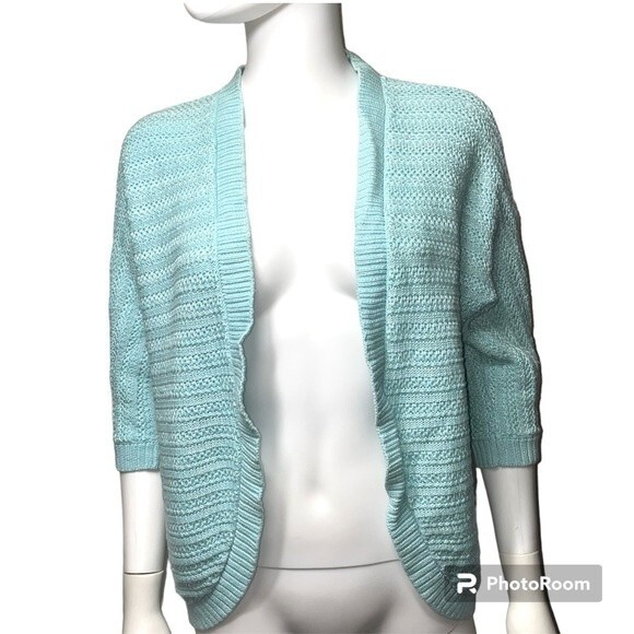 Chico's Aqua Blue Open Front Crochet Knit Cardigan Size Chico's 1 - Picture 1 of 9